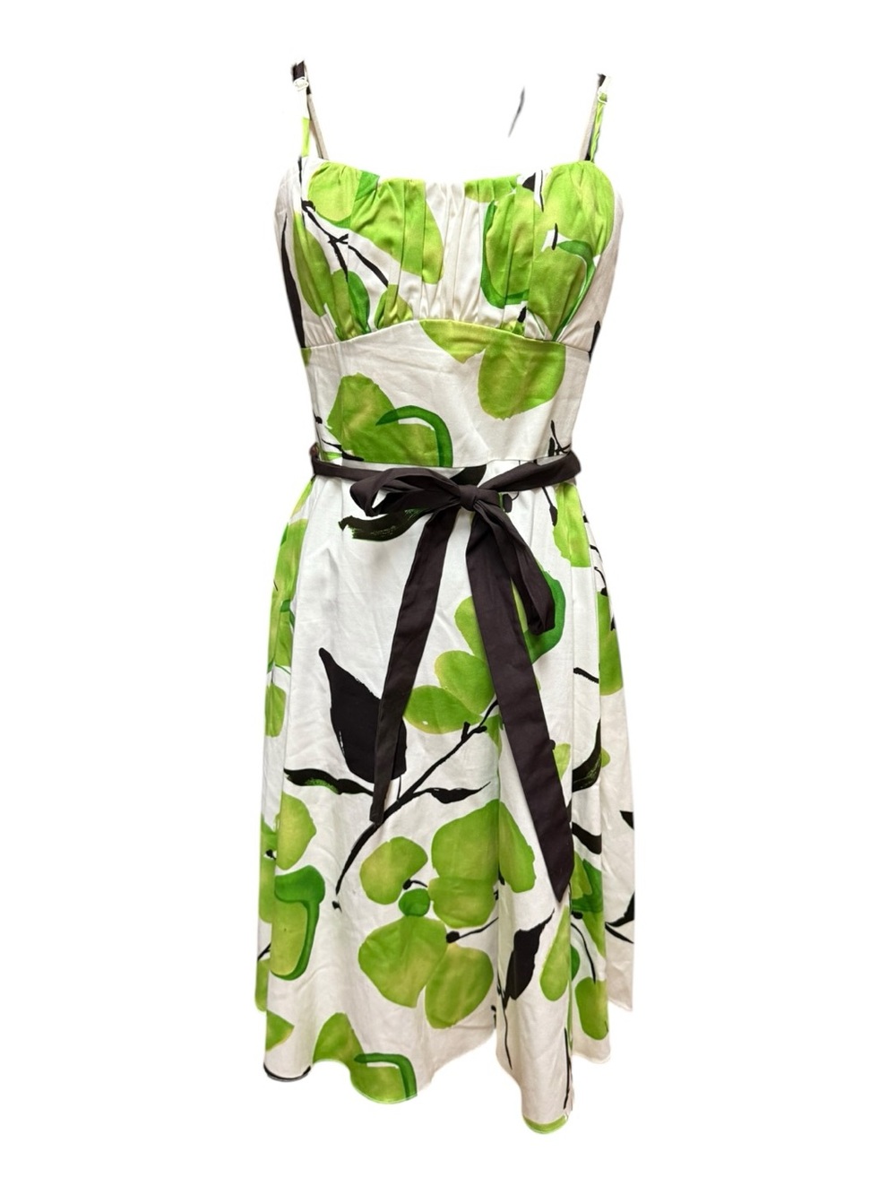 A.P.N.Y. White Midi Dress with Green Floral Print & Black Sash size 4